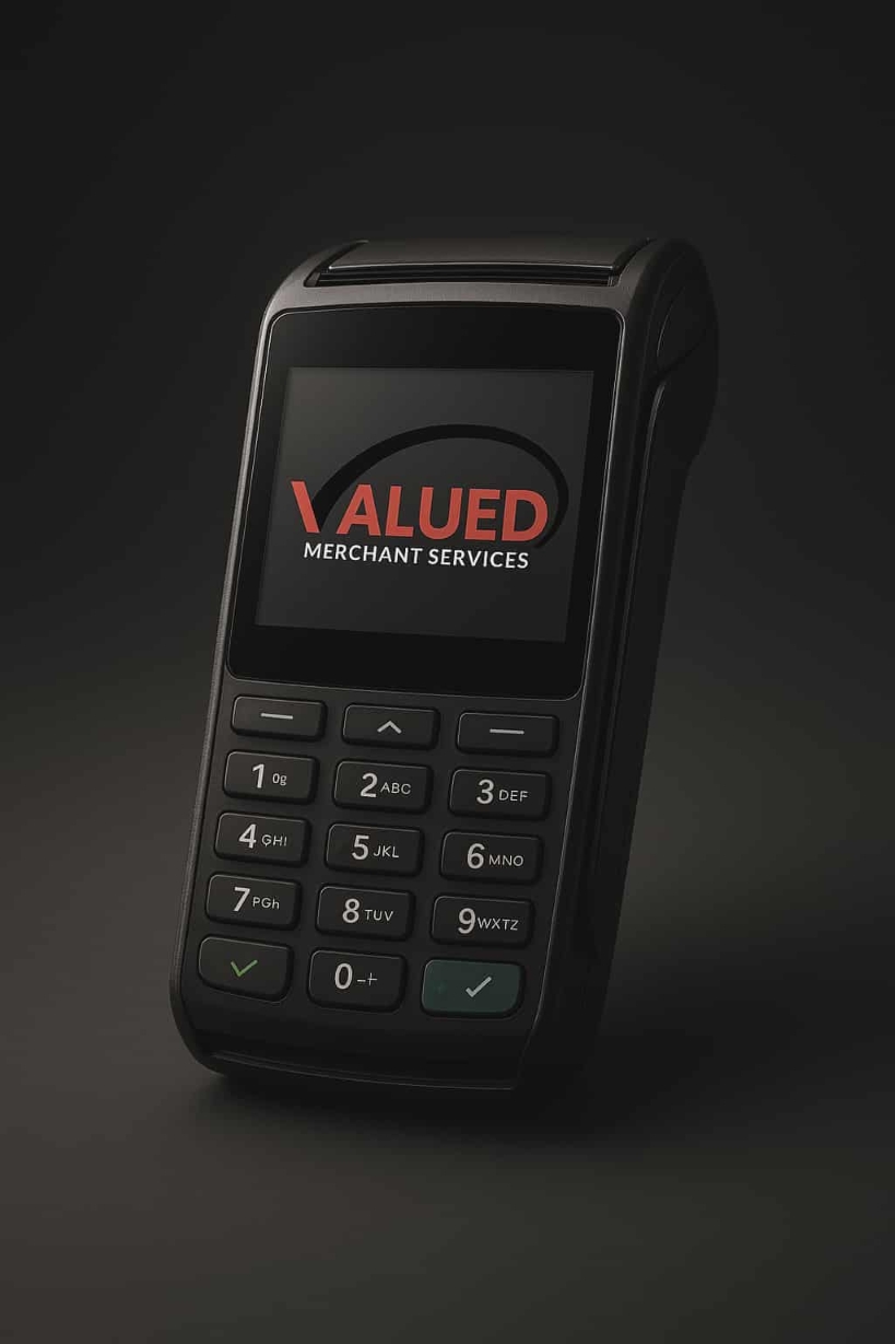 A small-business owner working at a retail counter with a payment terminal